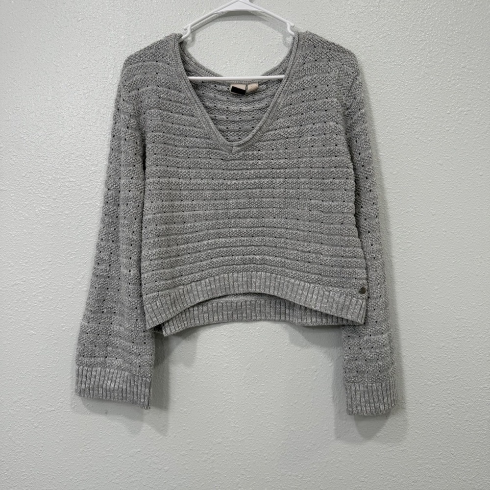 Roxy Womens Gray V-Neck Cropped Chunky Knit Pointelle Sweater Size Medium
